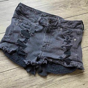 AMERICAN EAGLE Denim Women's Black Distressed Hi Rise Shortie Lace Pocket  4/27